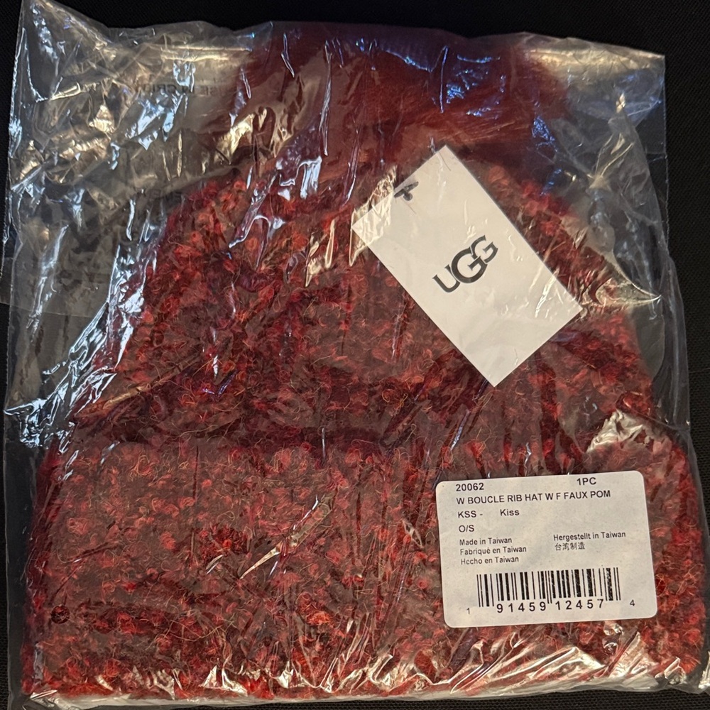 UGG Red Knit Hat with Faux Pom
